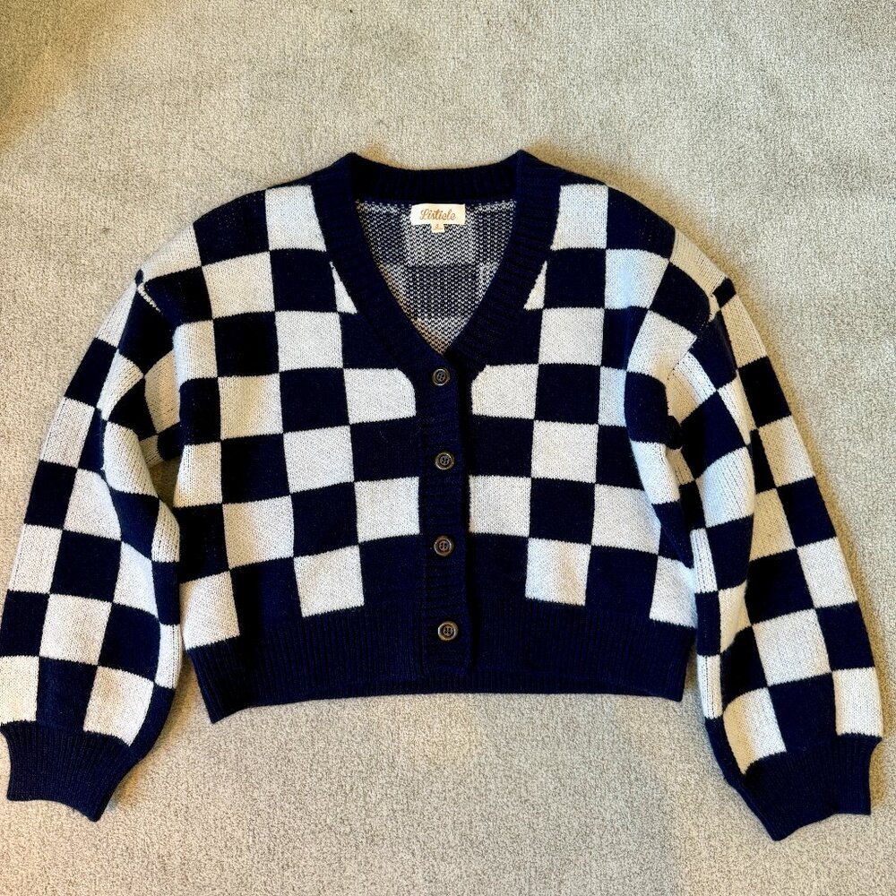 Checkered Navy & Cream Button-up Cardigan - Sz Small